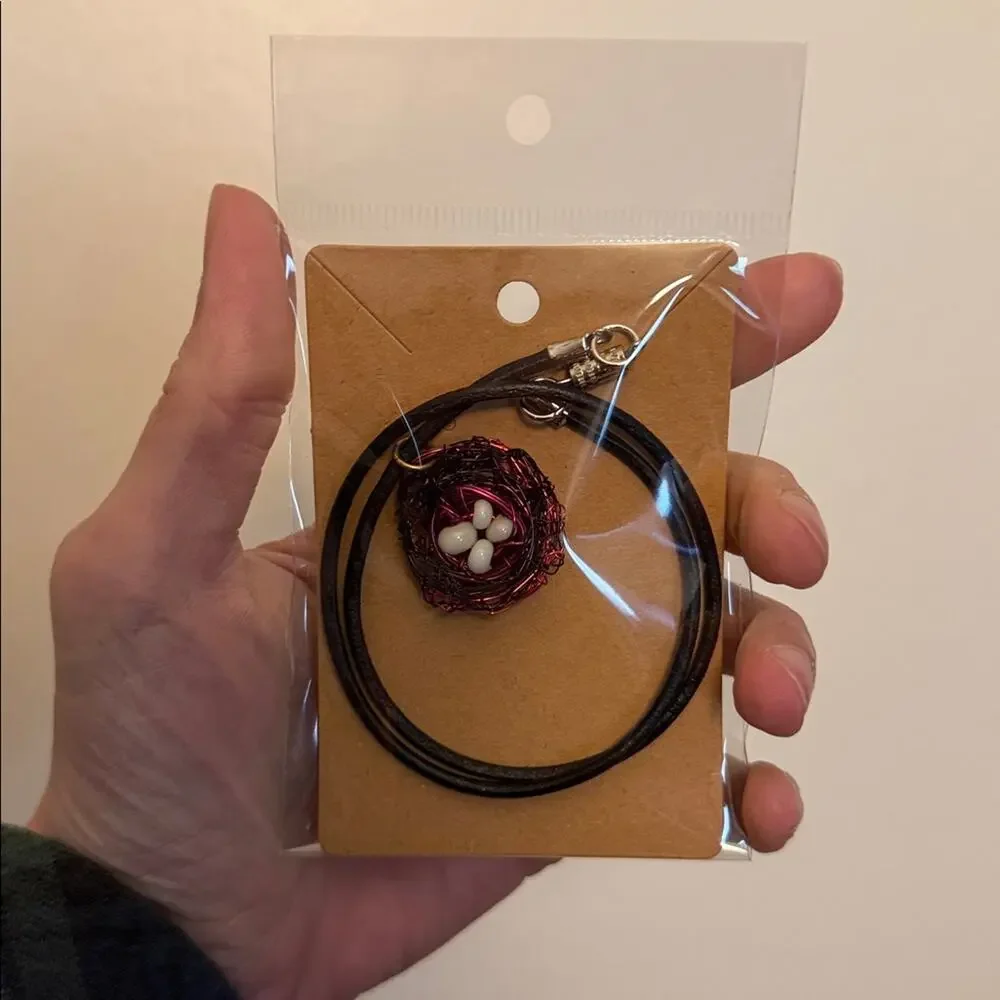 Birds nest necklace wire wrap handmade leather cord